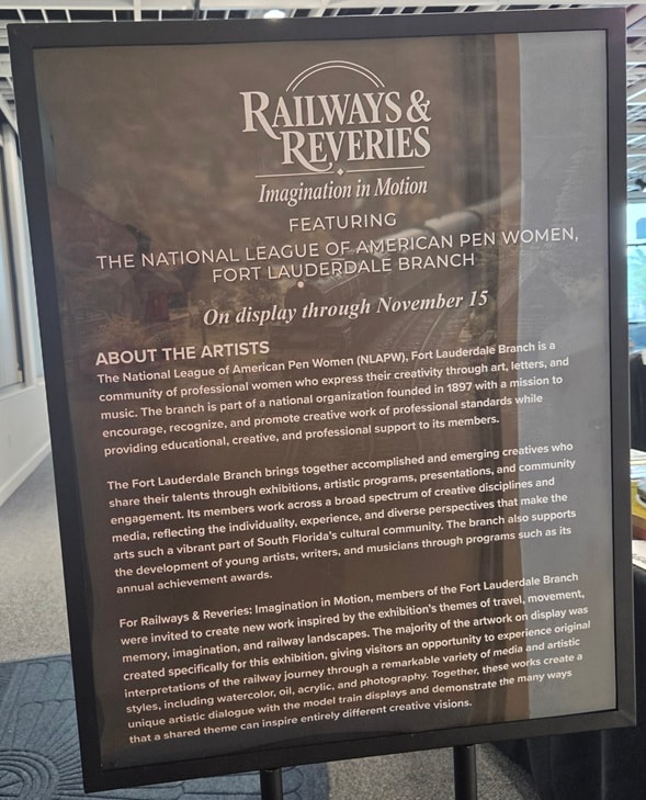 Railways and Reveries exhibition sign featuring the National League of American Pen Women, Fort Lauderdale Branch
